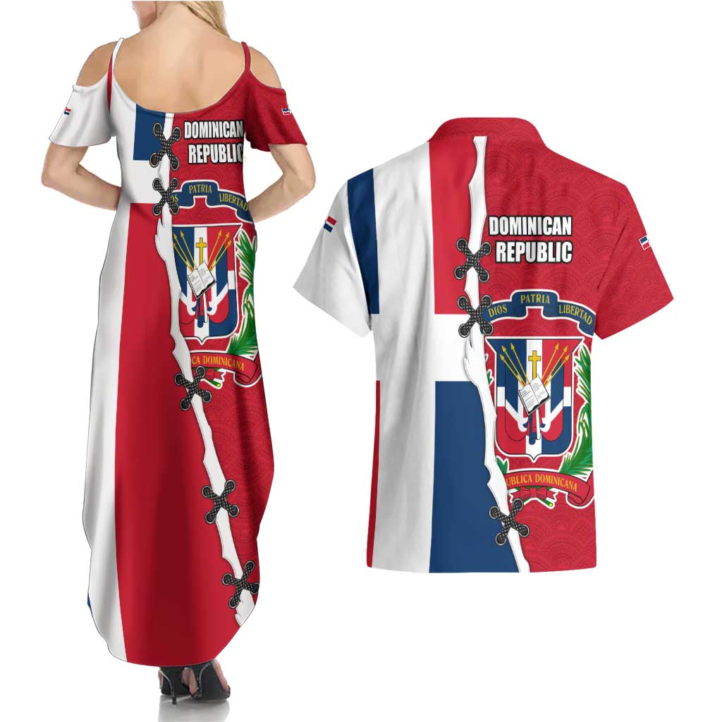 Dominican Republic Flag Half Zip Design Couples Matching Summer Maxi Dress and Hawaiian Shirt with Coat of Arms and Taino Symbol - Wonder Print Shop