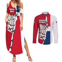 Dominican Republic Flag Half Zip Design Couples Matching Summer Maxi Dress and Long Sleeve Button Shirt with Coat of Arms and Taino Symbol - Wonder Print Shop