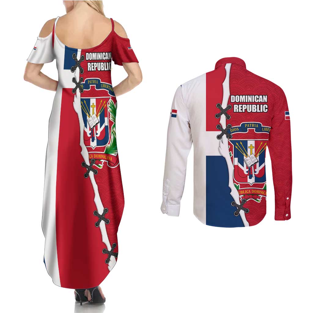 Dominican Republic Flag Half Zip Design Couples Matching Summer Maxi Dress and Long Sleeve Button Shirt with Coat of Arms and Taino Symbol - Wonder Print Shop