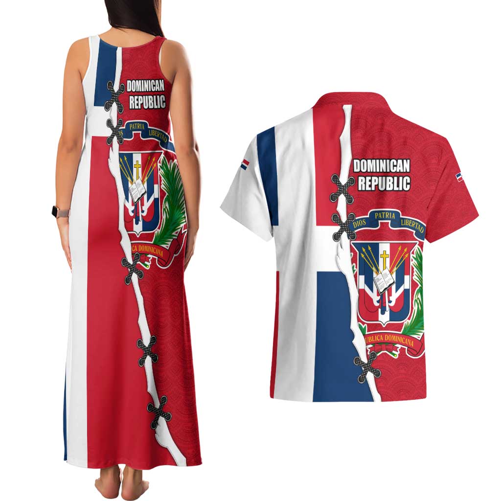 Dominican Republic Flag Half Zip Design Couples Matching Tank Maxi Dress and Hawaiian Shirt with Coat of Arms and Taino Symbol - Wonder Print Shop