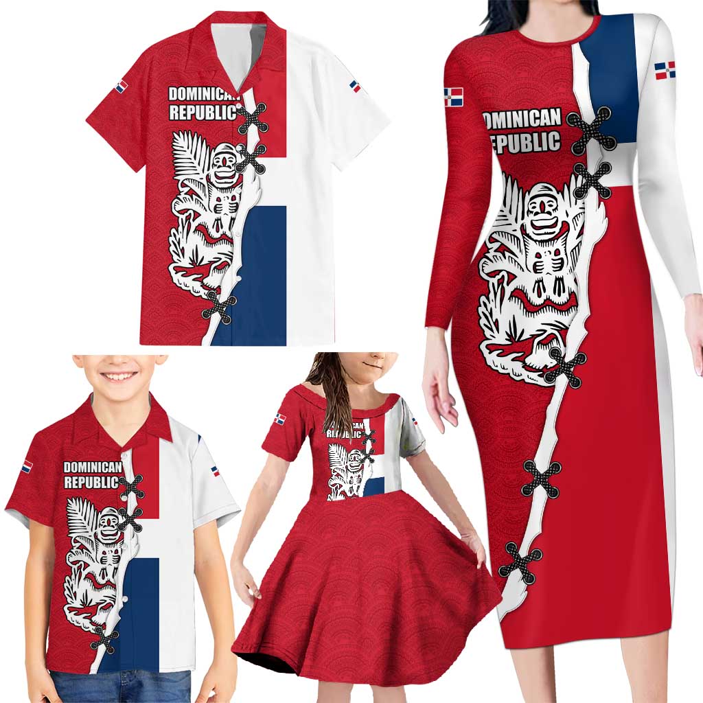 Dominican Republic Flag Half Zip Design Family Matching Long Sleeve Bodycon Dress and Hawaiian Shirt with Coat of Arms and Taino Symbol - Wonder Print Shop