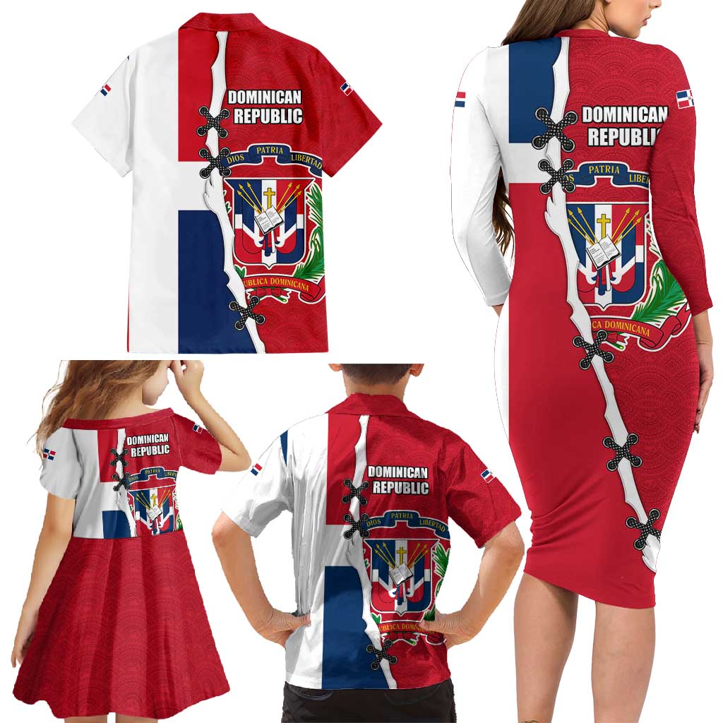 Dominican Republic Flag Half Zip Design Family Matching Long Sleeve Bodycon Dress and Hawaiian Shirt with Coat of Arms and Taino Symbol - Wonder Print Shop