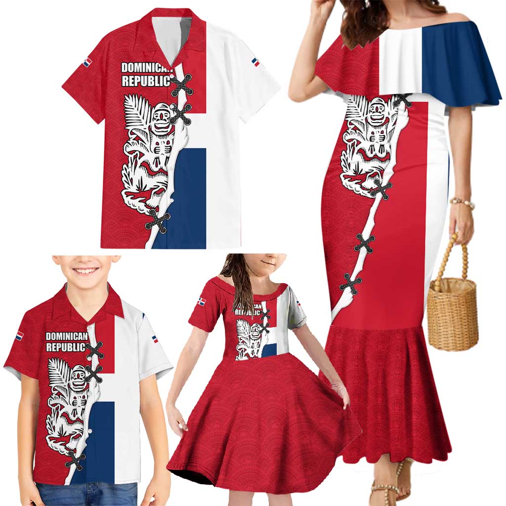 Dominican Republic Flag Half Zip Design Family Matching Mermaid Dress and Hawaiian Shirt with Coat of Arms and Taino Symbol - Wonder Print Shop