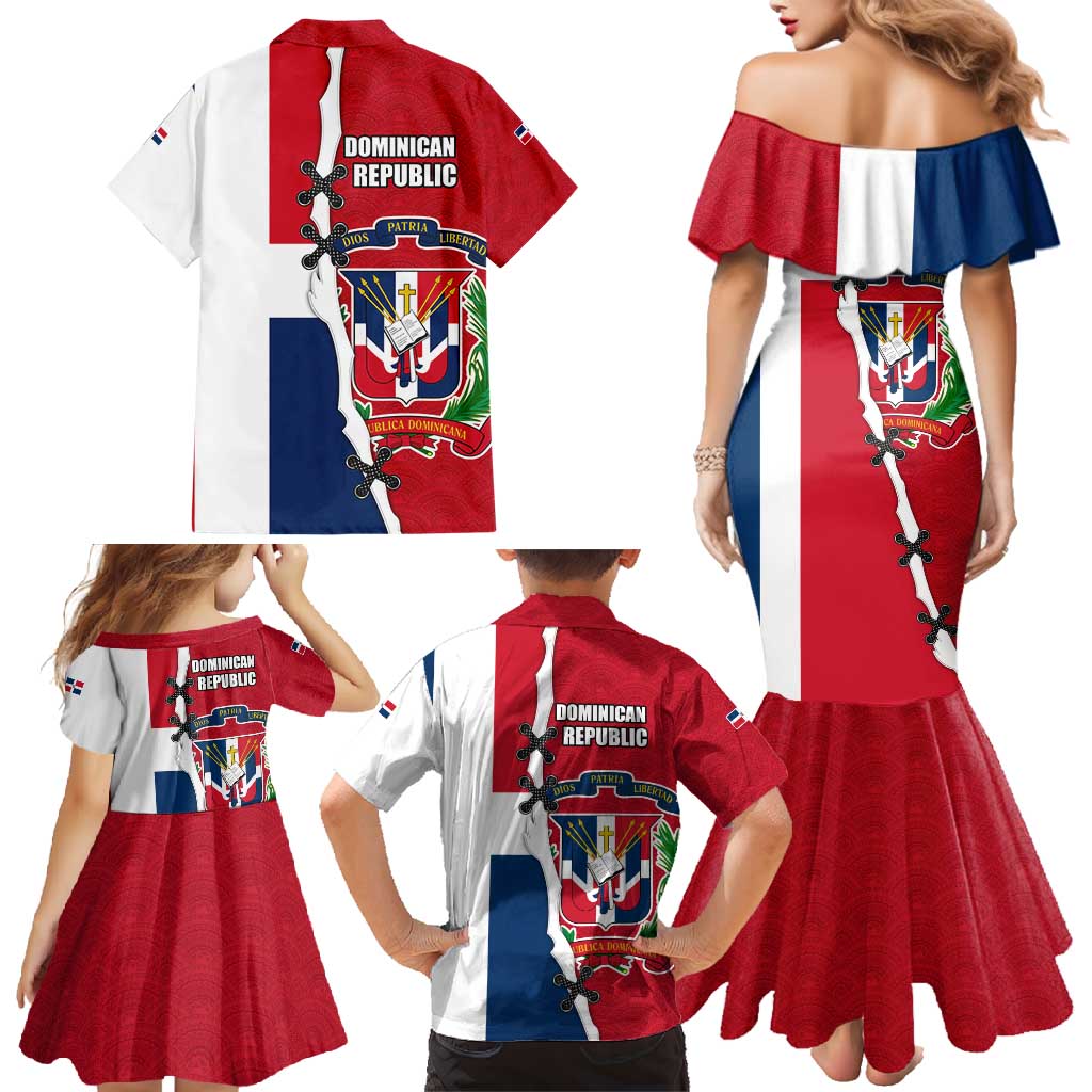 Dominican Republic Flag Half Zip Design Family Matching Mermaid Dress and Hawaiian Shirt with Coat of Arms and Taino Symbol - Wonder Print Shop