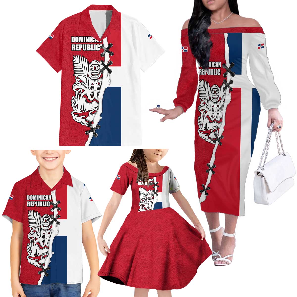 Dominican Republic Flag Half Zip Design Family Matching Off The Shoulder Long Sleeve Dress and Hawaiian Shirt with Coat of Arms and Taino Symbol - Wonder Print Shop