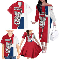 Dominican Republic Flag Half Zip Design Family Matching Off The Shoulder Long Sleeve Dress and Hawaiian Shirt with Coat of Arms and Taino Symbol - Wonder Print Shop