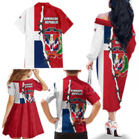 Dominican Republic Flag Half Zip Design Family Matching Off The Shoulder Long Sleeve Dress and Hawaiian Shirt with Coat of Arms and Taino Symbol - Wonder Print Shop