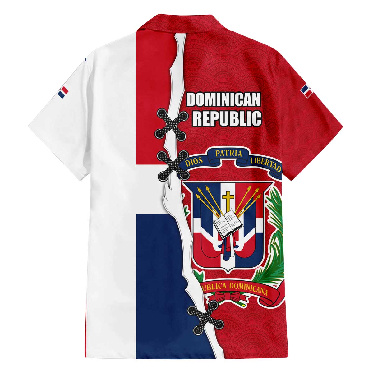 Dominican Republic Flag Half Zip Design Family Matching Off The Shoulder Long Sleeve Dress and Hawaiian Shirt with Coat of Arms and Taino Symbol - Wonder Print Shop