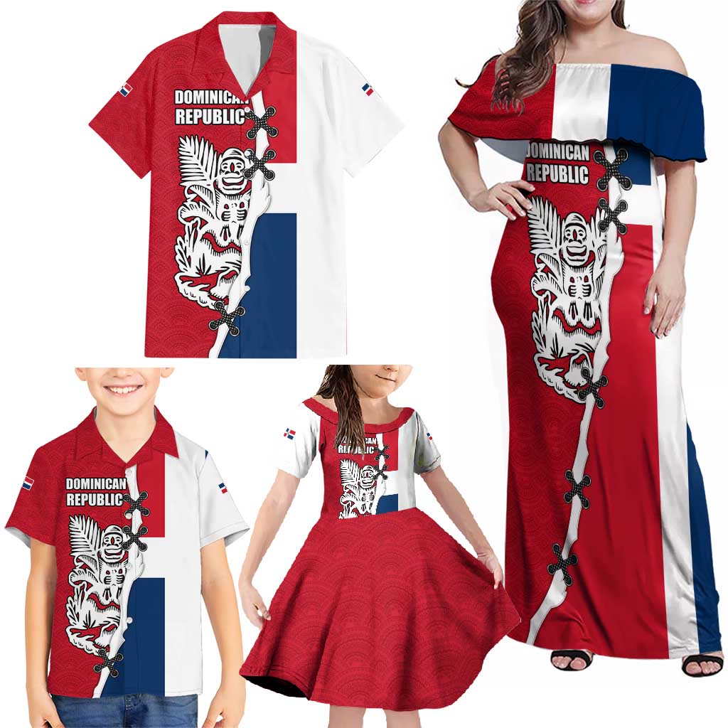 Dominican Republic Flag Half Zip Design Family Matching Off Shoulder Maxi Dress and Hawaiian Shirt with Coat of Arms and Taino Symbol - Wonder Print Shop