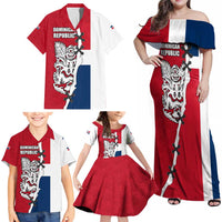 Dominican Republic Flag Half Zip Design Family Matching Off Shoulder Maxi Dress and Hawaiian Shirt with Coat of Arms and Taino Symbol - Wonder Print Shop