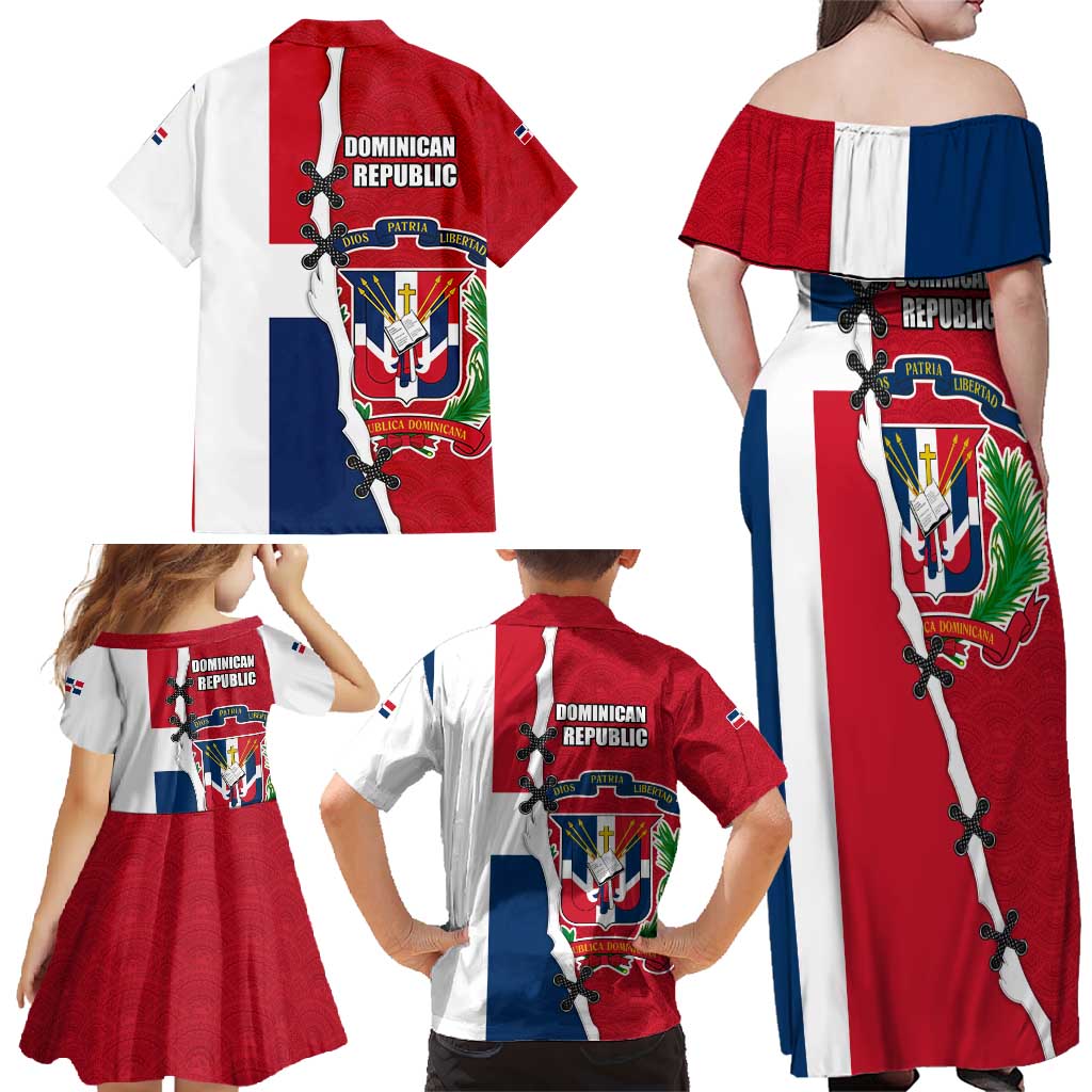 Dominican Republic Flag Half Zip Design Family Matching Off Shoulder Maxi Dress and Hawaiian Shirt with Coat of Arms and Taino Symbol - Wonder Print Shop