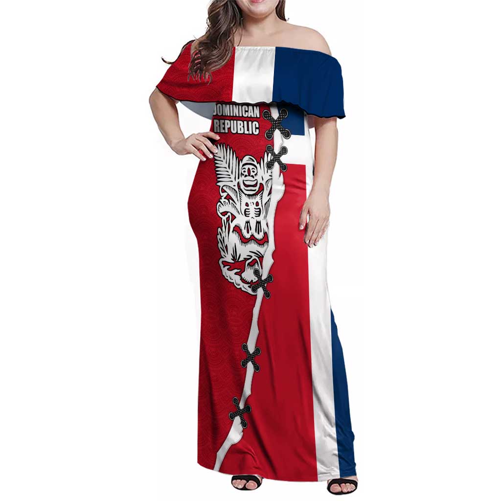Dominican Republic Flag Half Zip Design Family Matching Off Shoulder Maxi Dress and Hawaiian Shirt with Coat of Arms and Taino Symbol - Wonder Print Shop