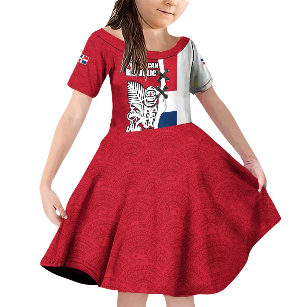 Dominican Republic Flag Half Zip Design Family Matching Off Shoulder Short Dress and Hawaiian Shirt with Coat of Arms and Taino Symbol - Wonder Print Shop