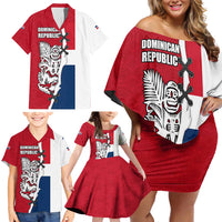 Dominican Republic Flag Half Zip Design Family Matching Off Shoulder Short Dress and Hawaiian Shirt with Coat of Arms and Taino Symbol - Wonder Print Shop