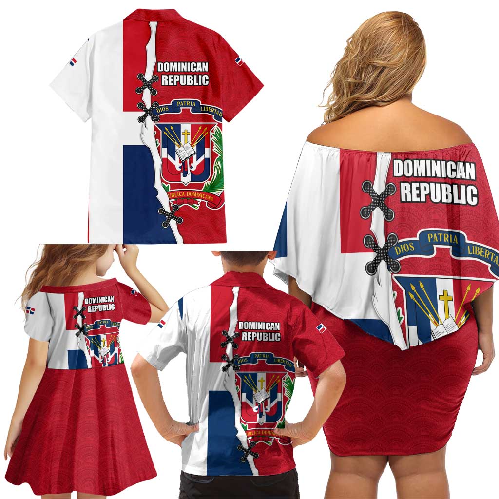 Dominican Republic Flag Half Zip Design Family Matching Off Shoulder Short Dress and Hawaiian Shirt with Coat of Arms and Taino Symbol - Wonder Print Shop