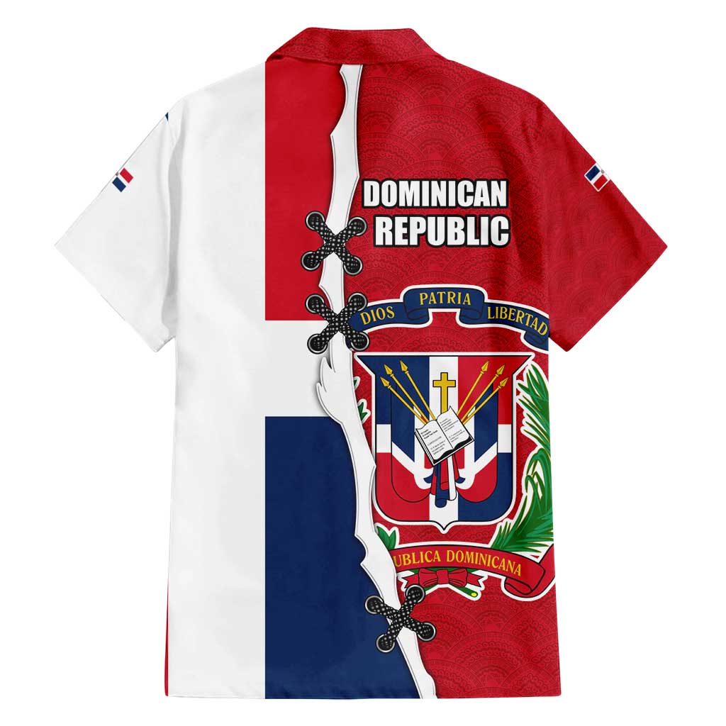 Dominican Republic Flag Half Zip Design Family Matching Off Shoulder Short Dress and Hawaiian Shirt with Coat of Arms and Taino Symbol - Wonder Print Shop