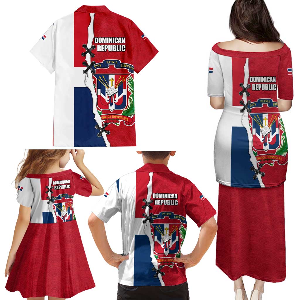 Dominican Republic Flag Half Zip Design Family Matching Puletasi and Hawaiian Shirt with Coat of Arms and Taino Symbol - Wonder Print Shop