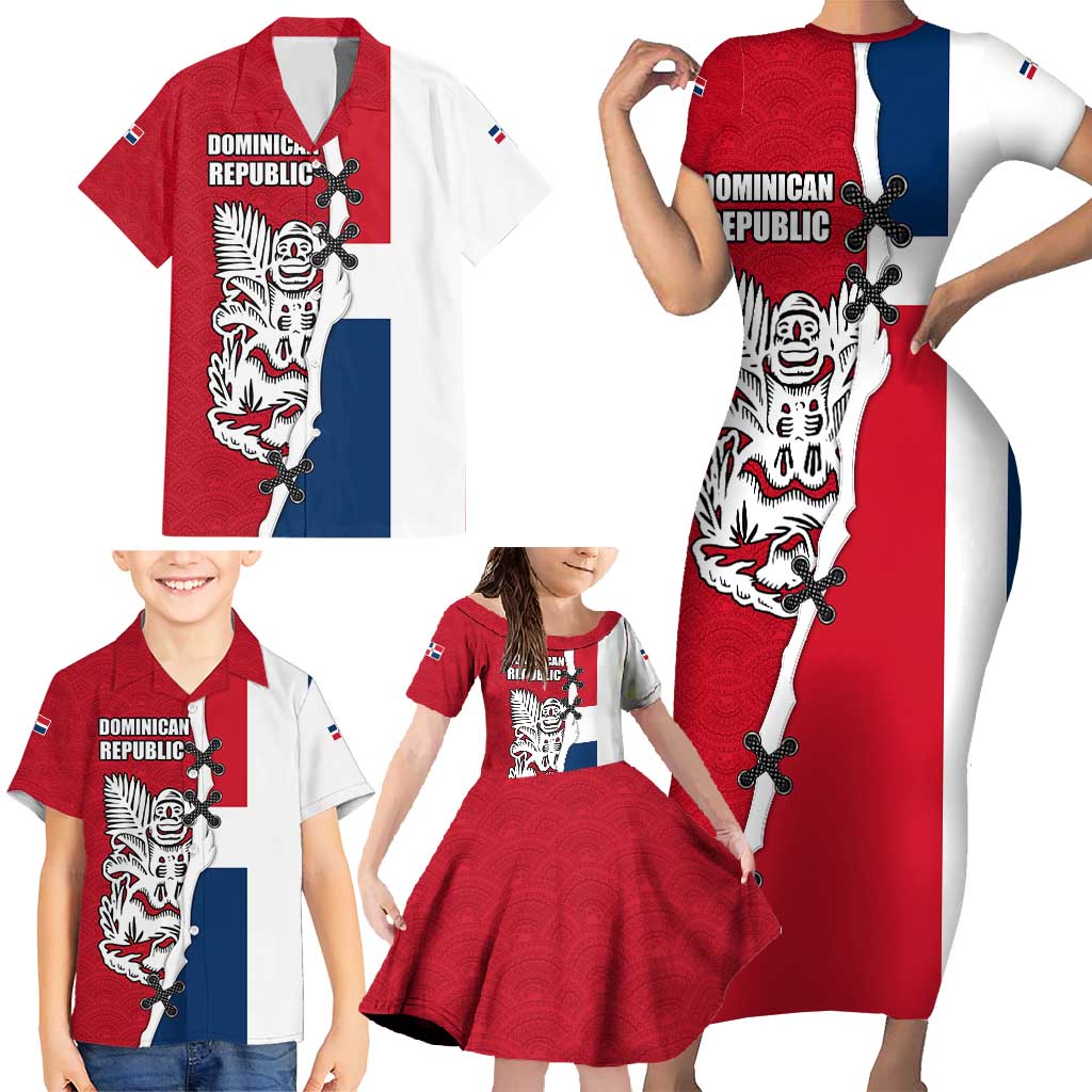 Dominican Republic Flag Half Zip Design Family Matching Short Sleeve Bodycon Dress and Hawaiian Shirt with Coat of Arms and Taino Symbol - Wonder Print Shop