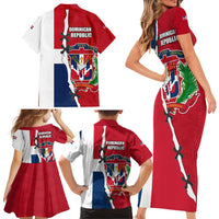 Dominican Republic Flag Half Zip Design Family Matching Short Sleeve Bodycon Dress and Hawaiian Shirt with Coat of Arms and Taino Symbol - Wonder Print Shop