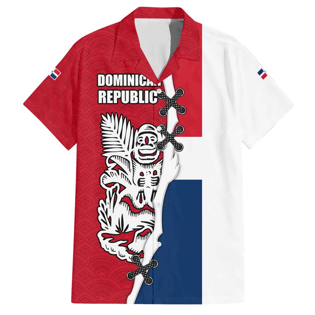 Dominican Republic Flag Half Zip Design Family Matching Short Sleeve Bodycon Dress and Hawaiian Shirt with Coat of Arms and Taino Symbol - Wonder Print Shop