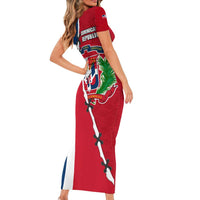 Dominican Republic Flag Half Zip Design Family Matching Short Sleeve Bodycon Dress and Hawaiian Shirt with Coat of Arms and Taino Symbol - Wonder Print Shop