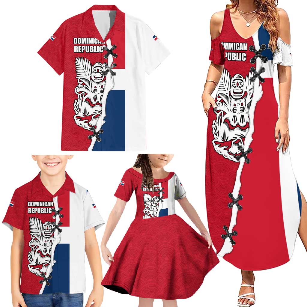 Dominican Republic Flag Half Zip Design Family Matching Summer Maxi Dress and Hawaiian Shirt with Coat of Arms and Taino Symbol - Wonder Print Shop