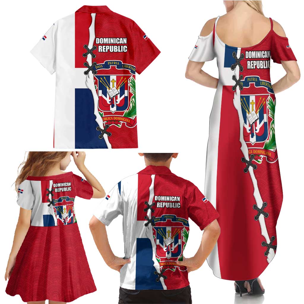 Dominican Republic Flag Half Zip Design Family Matching Summer Maxi Dress and Hawaiian Shirt with Coat of Arms and Taino Symbol - Wonder Print Shop
