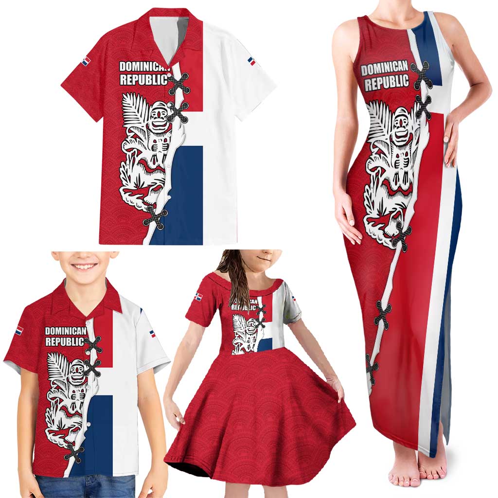 Dominican Republic Flag Half Zip Design Family Matching Tank Maxi Dress and Hawaiian Shirt with Coat of Arms and Taino Symbol - Wonder Print Shop