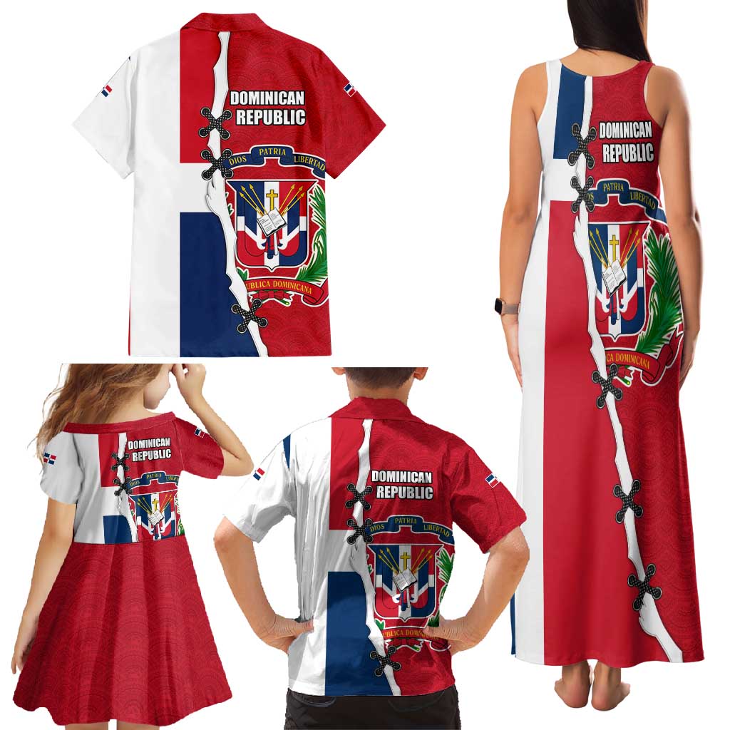 Dominican Republic Flag Half Zip Design Family Matching Tank Maxi Dress and Hawaiian Shirt with Coat of Arms and Taino Symbol - Wonder Print Shop