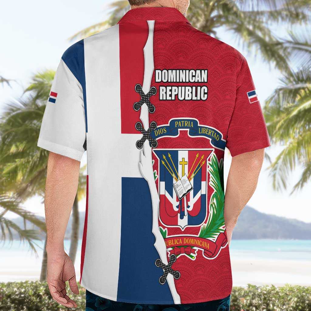 Dominican Republic Flag Half Zip Design Hawaiian Shirt with Coat of Arms and Taino Symbol - Wonder Print Shop