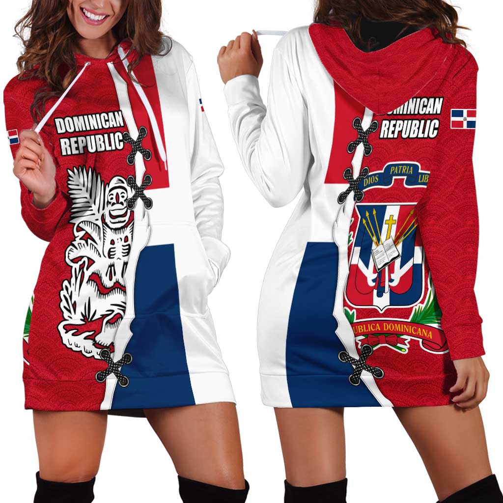 Dominican Republic Flag Half Zip Design Hoodie Dress with Coat of Arms and Taino Symbol - Wonder Print Shop