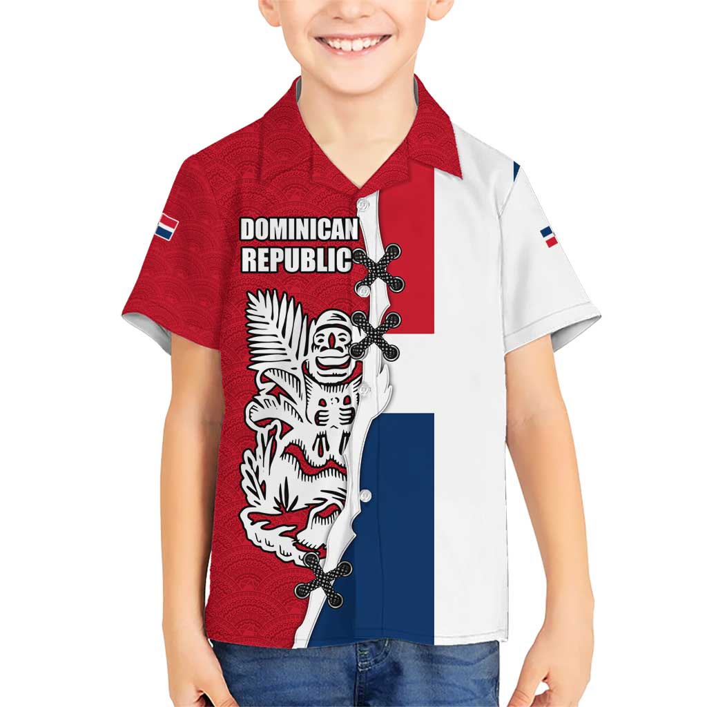 Dominican Republic Flag Half Zip Design Kid Hawaiian Shirt with Coat of Arms and Taino Symbol - Wonder Print Shop