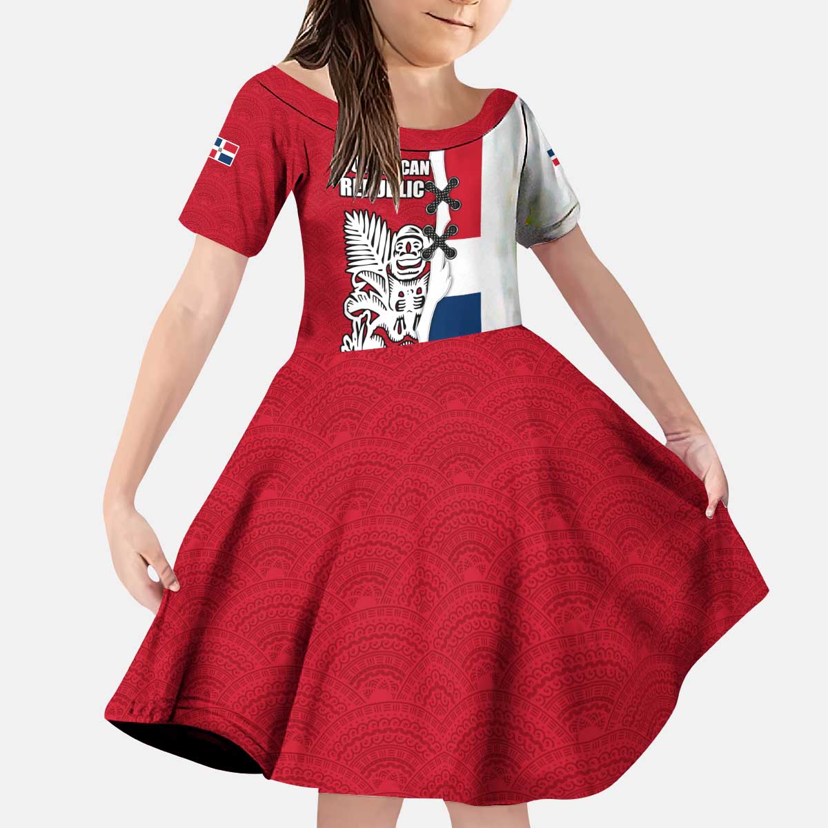 Dominican Republic Flag Half Zip Design Kid Short Sleeve Dress with Coat of Arms and Taino Symbol - Wonder Print Shop