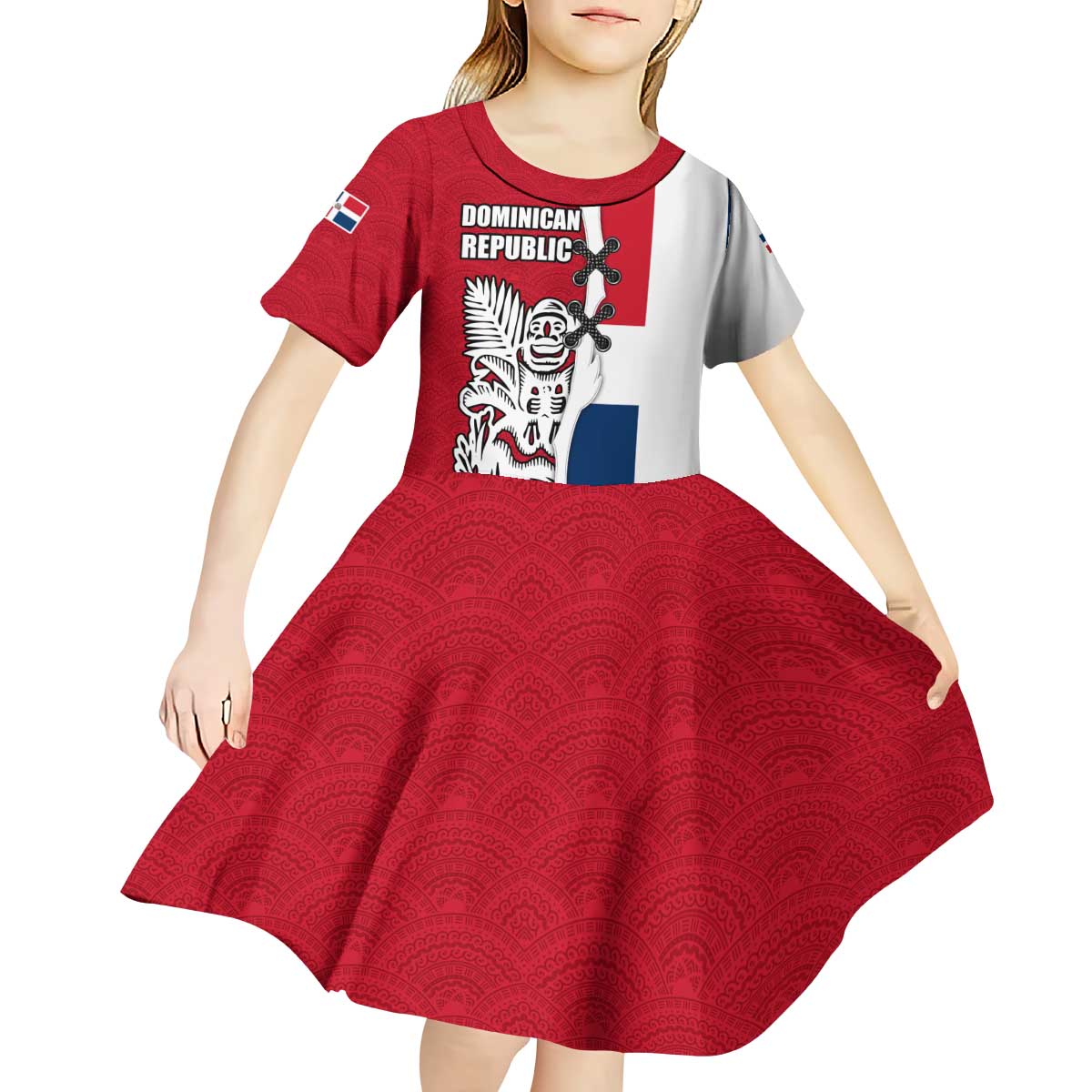 Dominican Republic Flag Half Zip Design Kid Short Sleeve Dress with Coat of Arms and Taino Symbol - Wonder Print Shop