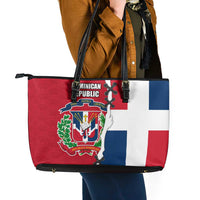 Dominican Republic Flag Half Zip Design Leather Tote Bag with Coat of Arms and Taino Symbol - Wonder Print Shop