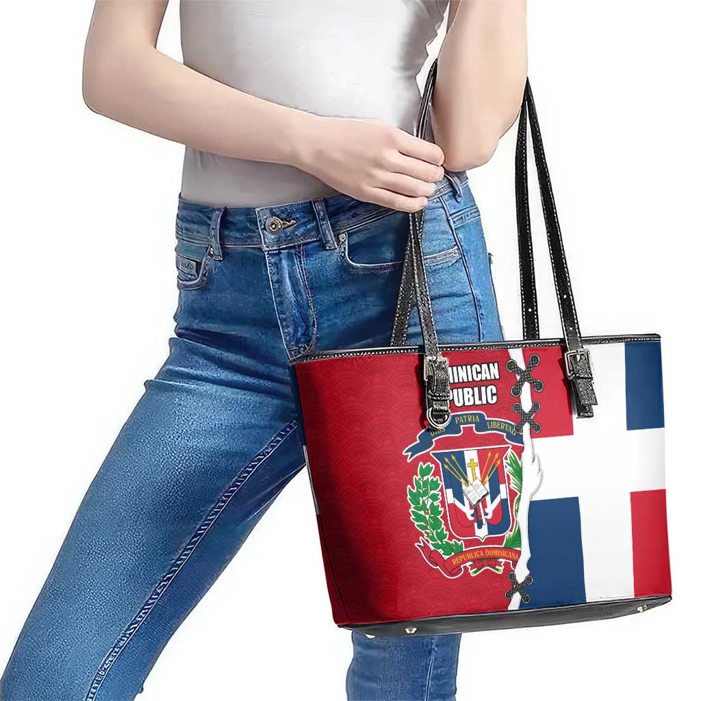 Dominican Republic Flag Half Zip Design Leather Tote Bag with Coat of Arms and Taino Symbol - Wonder Print Shop