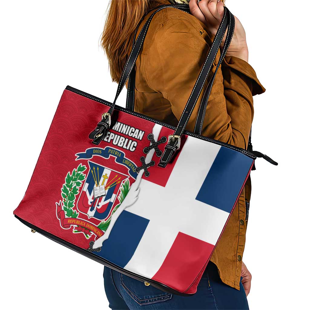 Dominican Republic Flag Half Zip Design Leather Tote Bag with Coat of Arms and Taino Symbol - Wonder Print Shop