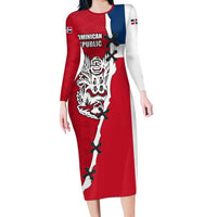 Dominican Republic Flag Half Zip Design Long Sleeve Bodycon Dress with Coat of Arms and Taino Symbol - Wonder Print Shop