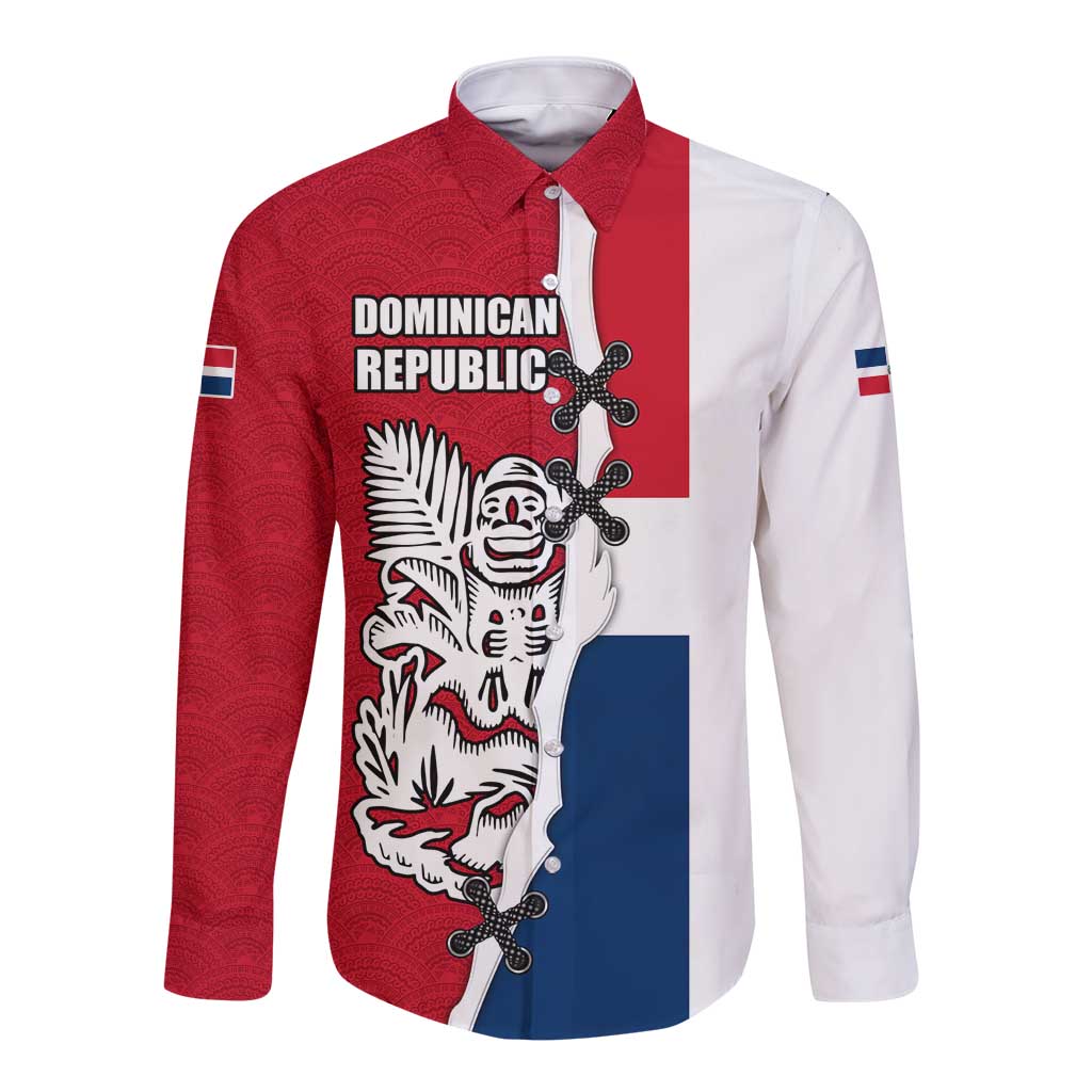 Dominican Republic Flag Half Zip Design Long Sleeve Button Shirt with Coat of Arms and Taino Symbol - Wonder Print Shop