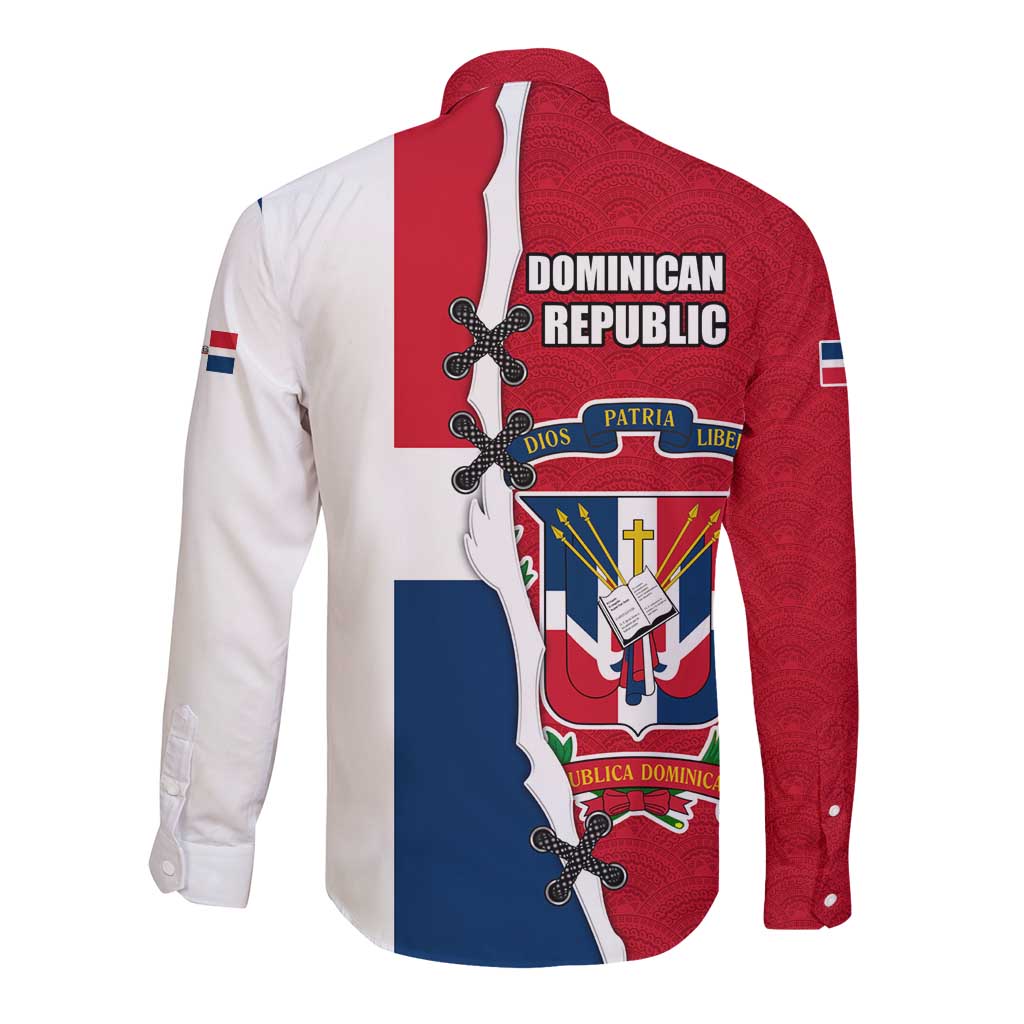 Dominican Republic Flag Half Zip Design Long Sleeve Button Shirt with Coat of Arms and Taino Symbol - Wonder Print Shop