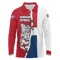 Dominican Republic Flag Half Zip Design Long Sleeve Polo Shirt with Coat of Arms and Taino Symbol - Wonder Print Shop