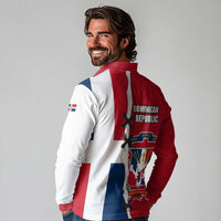 Dominican Republic Flag Half Zip Design Long Sleeve Polo Shirt with Coat of Arms and Taino Symbol - Wonder Print Shop