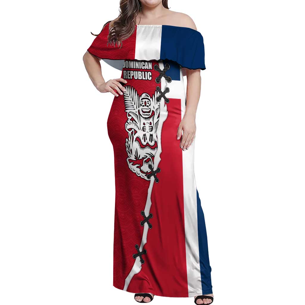 Dominican Republic Flag Half Zip Design Off Shoulder Maxi Dress with Coat of Arms and Taino Symbol - Wonder Print Shop
