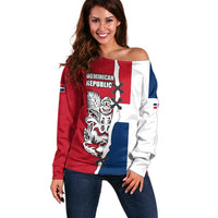 Dominican Republic Flag Half Zip Design Off Shoulder Sweater with Coat of Arms and Taino Symbol - Wonder Print Shop
