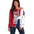 Dominican Republic Flag Half Zip Design Off Shoulder Sweater with Coat of Arms and Taino Symbol - Wonder Print Shop