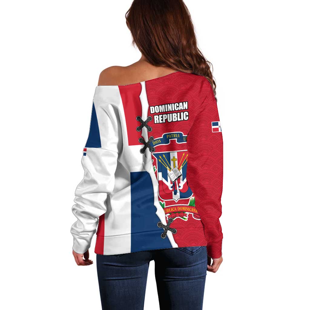 Dominican Republic Flag Half Zip Design Off Shoulder Sweater with Coat of Arms and Taino Symbol - Wonder Print Shop