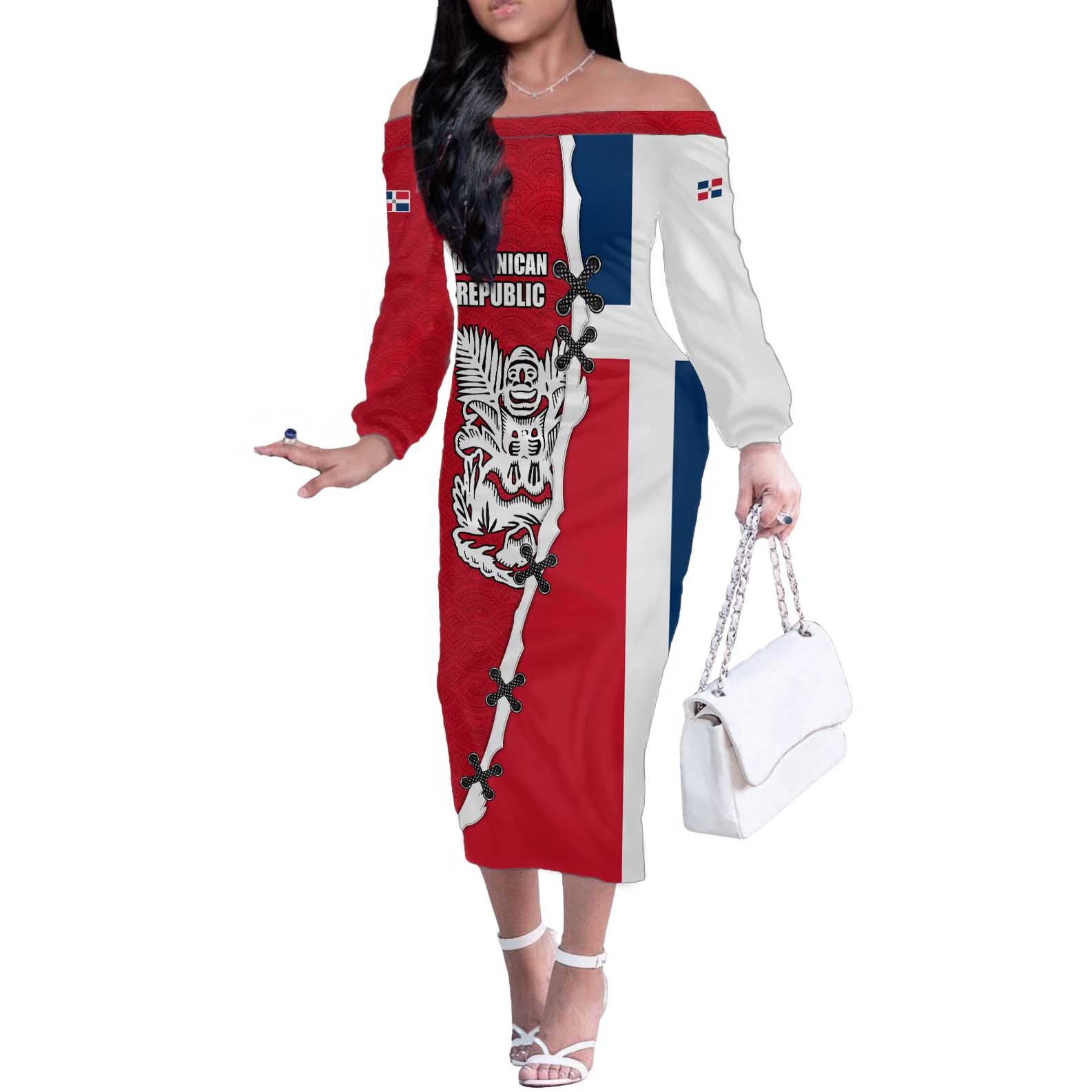 Dominican Republic Flag Half Zip Design Off The Shoulder Long Sleeve Dress with Coat of Arms and Taino Symbol - Wonder Print Shop