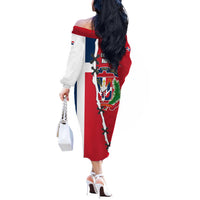 Dominican Republic Flag Half Zip Design Off The Shoulder Long Sleeve Dress with Coat of Arms and Taino Symbol - Wonder Print Shop
