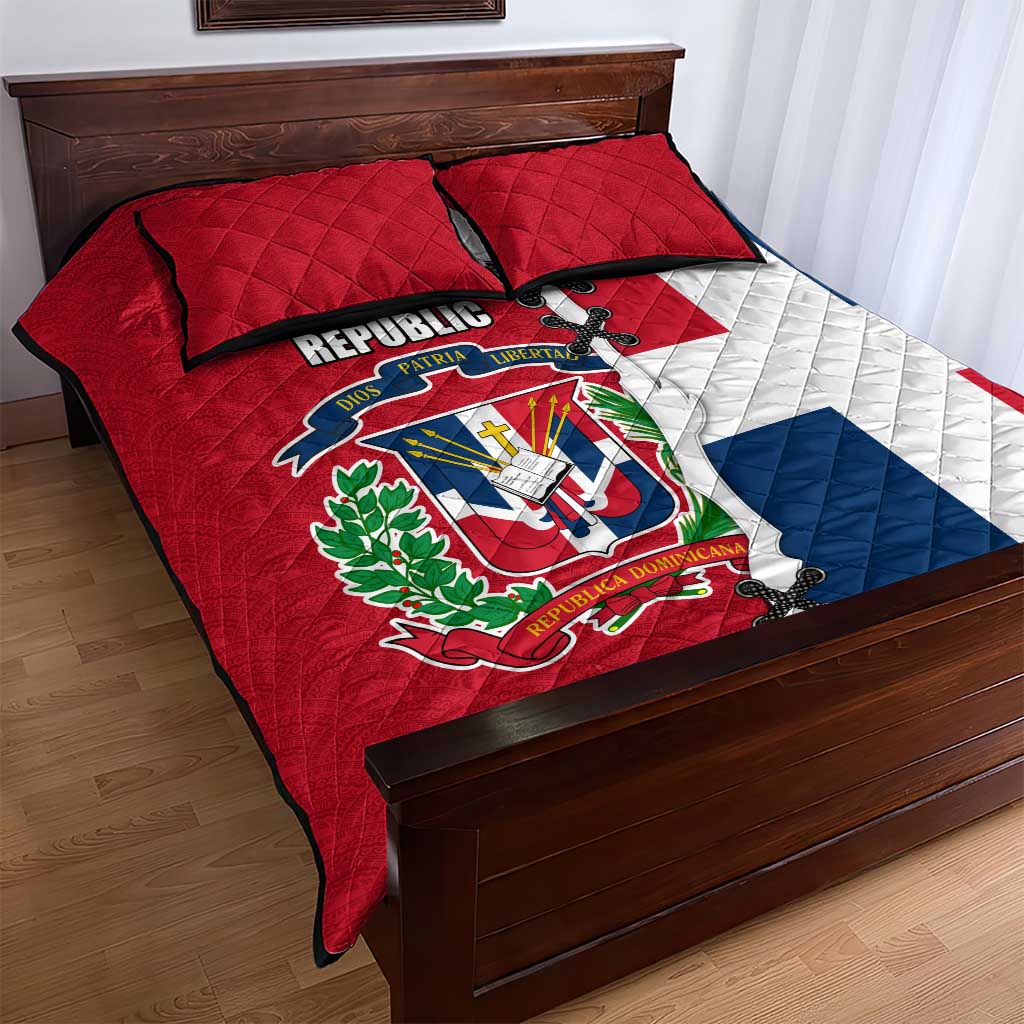 Dominican Republic Flag Half Zip Design Quilt Bed Set with Coat of Arms and Taino Symbol - Wonder Print Shop