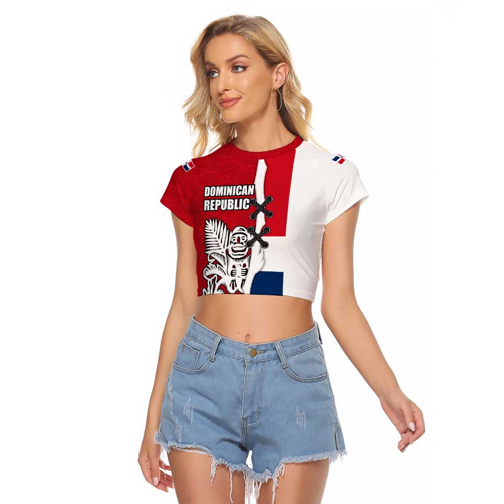 Dominican Republic Flag Half Zip Design Raglan Cropped T Shirt with Coat of Arms and Taino Symbol - Wonder Print Shop
